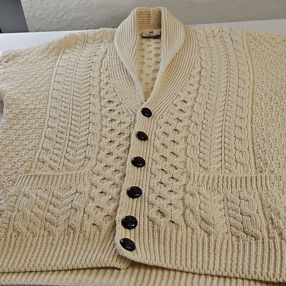 Carraig Donn Made In Ireland 100% Wool Cable Knit Fishermans Cardigan, Sz Medium